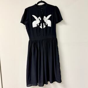 Carolina K. 100% Silk Short Sleeve Ruffle Trim A-Line Dress Black Women's Size M